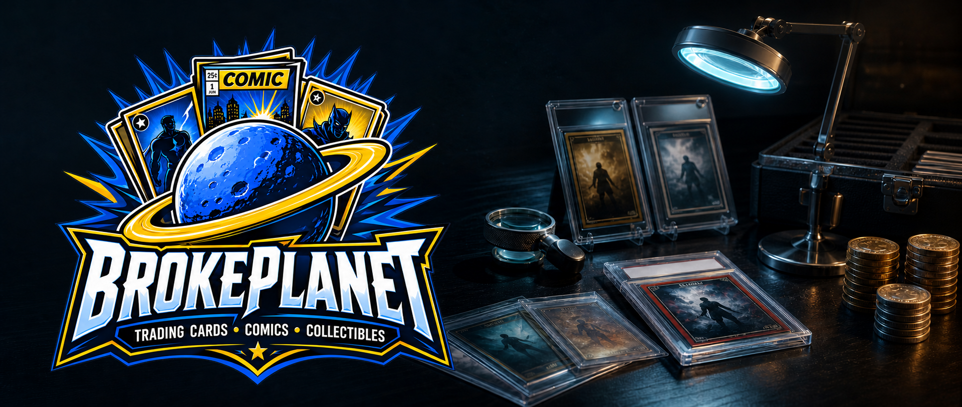 Card Command Center Collector's Table with trading cards, inspection tools, and collection storage